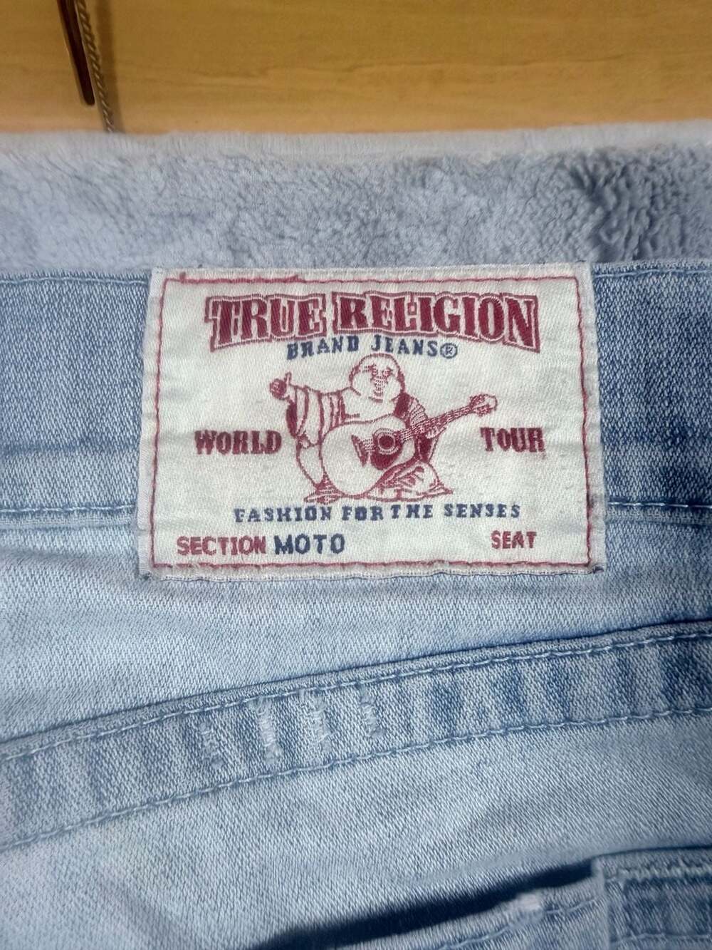 True Religion Moto Jeans Size 31 Light Wash Distressed Biker Denim